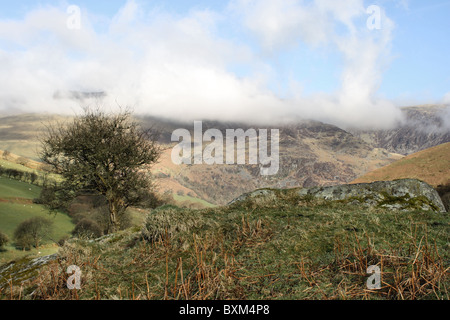 Un campo vicino Corris con basse nubi sopra la montagna di Cadair Idris nel mese di aprile Foto Stock