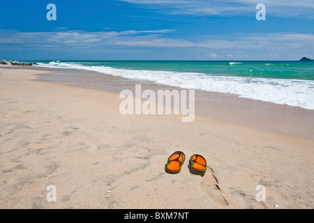 Paio di pantofole su una solitaria spiaggia di Nilaveli, Trincomalee, Sri Lanka East Coast, Pigeon Island in distanza. Foto Stock