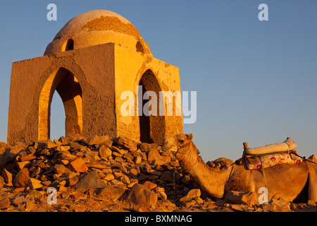 Tomba di nobili e Qubbet el Hawa o Dome di venti Aswan al tramonto , Egitto ,Nord Africa Foto Stock