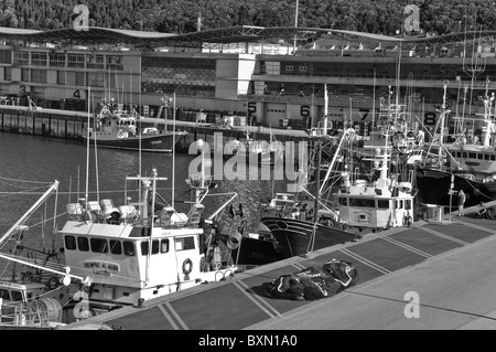 Foto in bianco e nero del porto con la pesca barche ormeggiate in Santona ed il mercato del pesce in background, Cantabria, Spagna settentrionale, l'Europa. Foto Stock