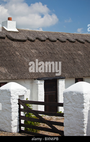 Appena imbiancato e rinnovato cottage con il tetto di paglia nei pressi di Fethard-on-Sea, County Wexford, Irlanda Foto Stock