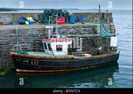 La pesca a strascico da barca lobster pentole alla Slade Harbour, County Wexford, Irlanda meridionale Foto Stock