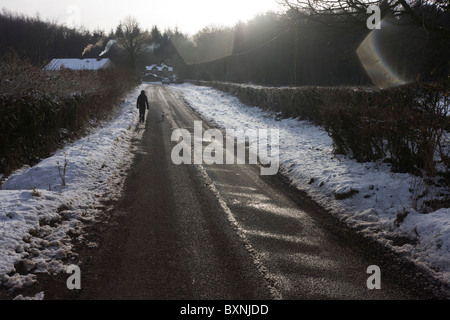 12 anno-vecchio ragazzo passeggiate lungo congelati strada rurale con seguente cane durante condizioni invernali nel nord Somerset. Foto Stock