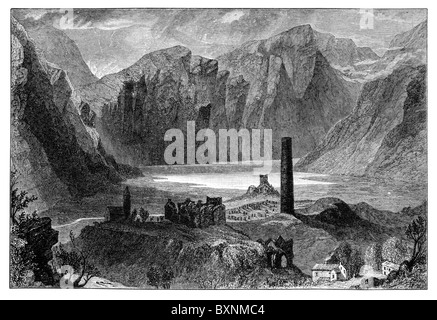 Glendalough, County Wicklow, del xix secolo, dopo un disegno di William Henry Bartlett; Bianco e Nero illustrazione; Foto Stock