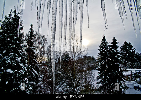 Eiszapfen am Dach, ghiaccioli sul tetto Foto Stock