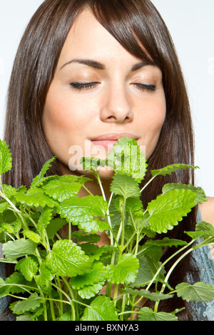 Donna con impianto di menta Foto Stock