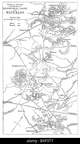 Schizzo che mostra la disposizione del governo francese e di eserciti alleati alle battaglie di Waterloo, Ligny e Quatre-Bras, 1815 Foto Stock