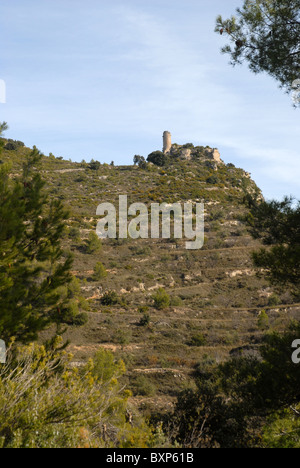 Vista di rovine del castello Costurera (castilo de Costurera), Balones, Vall de Seta, Provincia di Alicante, Comunidad Valenciana, Spagna Foto Stock