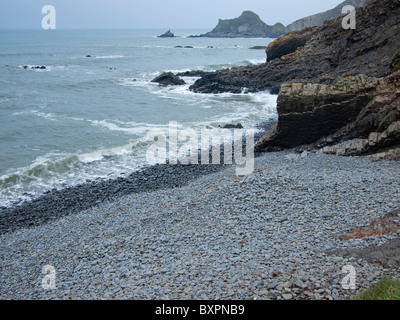 La spiaggia e la baia in estate motivi di Hartland Abbey a Hartland Point sulla North Devon Coast Foto Stock
