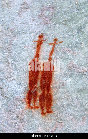 Due dancing San donne, preistorici pitture rupestri dalla popolazione San, montagne Cederberg, Provincia del Capo Occidentale, Sud Africa Foto Stock