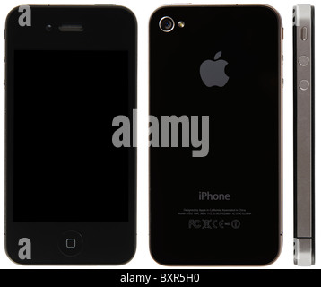 Anteriore, posteriore e laterale di un Apple iPhone 4, che mostra una schermata vuota, su sfondo bianco. Foto Stock