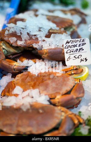 Frutti di mare-cotto intero del granchio in vendita,Borough Market di Londra Foto Stock