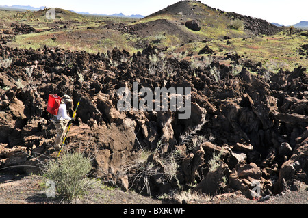Geologo visualizzazione estremamente robusto flusso di lava sul fianco di Tecolote cono di scorie, El Pinacate Riserva della Biosfera, Sonora, Messico Foto Stock