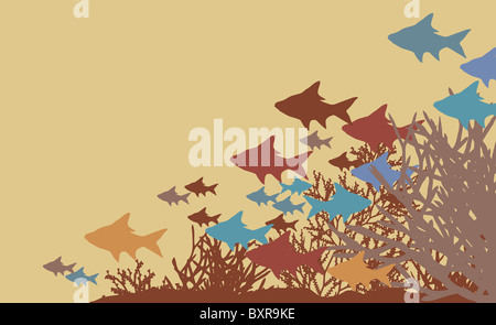 Illustrazione di un pesce e silhouette di corallo Foto Stock
