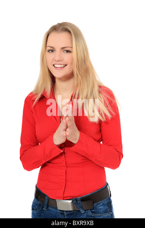 Attraente donna bionda. Tutto su sfondo bianco. Foto Stock