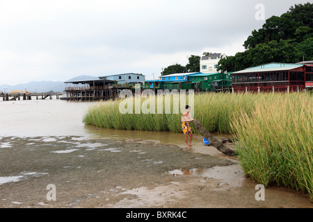 Fisherman espone le sue reti tra le canne sul bordo della banca di fiume e Coloane Village, Macao Foto Stock