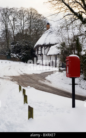 Tradizionali pub con il tetto di paglia nella neve il Red Lion chalton hampshire Inghilterra Foto Stock