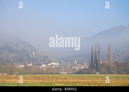 Nebbia di mattina e il gelo sul piatto terreno agricolo confinante con il fiume Dordogna. Villaggio della nebbia Foto Stock