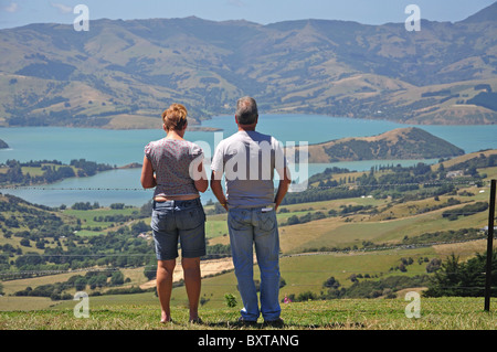 Vista del porto di Akaroa dalla cima del Monte Lookout, Akaroa, Penisola di Banks, Canterbury, Nuova Zelanda Foto Stock