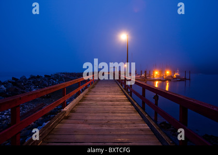 Canada, British Columbia, Hornby isola, piccole Boat Harbour e il dock al tramonto in inverno la nebbia Foto Stock