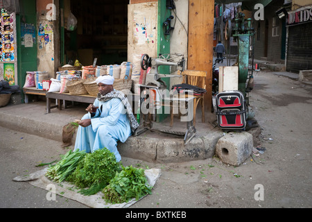 Herb venditore seduto sul marciapiede di bere il tè presso il locale street market, Luxor, Egitto, Africa Foto Stock