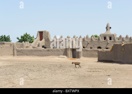 Il passaggio di capra nella parte anteriore del fango moschea costruita in Peul insediamento di Senossa, vicino a Djenné, Mali. Foto Stock