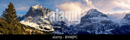 Piste Alpine guardando verso il Wetterhorn (sinistra). Alpi svizzere, Svizzera Foto Stock
