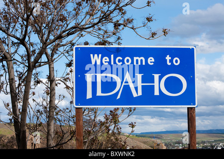 Stati Uniti d'America, Idaho, Lewiston, benvenuto a Idaho firmare al confine di stato Foto Stock