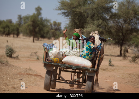 Un gruppo di Fulani cavalcare un cammello carrello attraverso il Villaggio Mercato di Bourro nel nord del Burkina Faso. Foto Stock