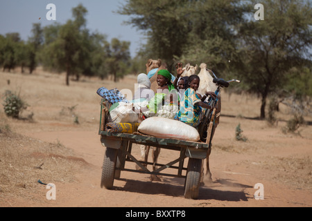 Un gruppo di Fulani cavalcare un cammello carrello attraverso il Villaggio Mercato di Bourro nel nord del Burkina Faso. Foto Stock