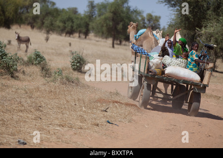 Un gruppo di Fulani cavalcare un cammello carrello attraverso il Villaggio Mercato di Bourro nel nord del Burkina Faso. Foto Stock