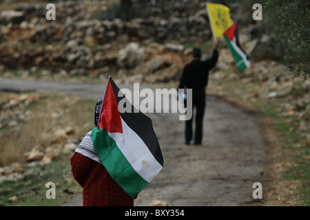 La donna palestinese cammina con la bandiera palestinese durante un rally settimanale contro la costruzione delle barriere di separazione controverse che Israele sta costruendo nel villaggio della Cisgiordania di Bil'in Israele Foto Stock