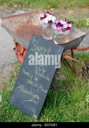 I grappoli di piselli dolci in vendita al di fuori di un smallholding Dorset Regno Unito Foto Stock