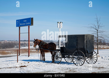 Un cavallo Amish e buggy attendere al di fuori di un Iowa Centro di accoglienza. Gli Amish espone e vende molti prodotti artigianali fatti a mano in Iowa (USA). Foto Stock