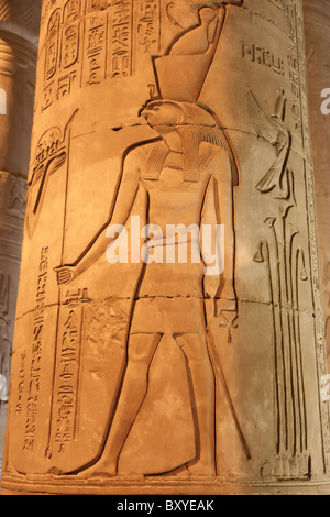 Kom Ombo tempio di notte, Egitto - elegante carving del dio Horus Foto Stock