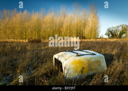 Un pickup, carrello, cabina oggetto di dumping in un campo di erba/erbacce con alberi in background prese a sunrise con un cielo azzurro sopra Foto Stock