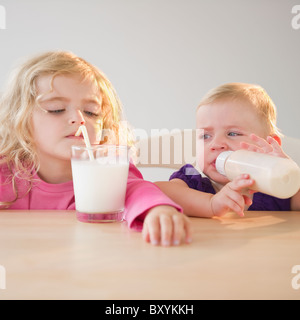 Due ragazze bionda bere latte Foto Stock