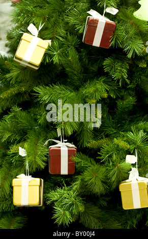 Close-up di un lato di abete con diversi toy giftboxes sui suoi rami verdi Foto Stock