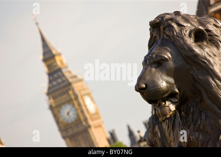 Big Ben con Trafalgar Square Lions in primo piano Foto Stock