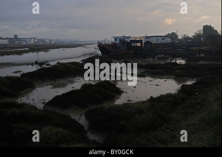 Sole che sbarca dalle case galleggianti a Shoreham-by-Sea nel Sussex occidentale sul fiume Adur con la bassa marea Foto Stock