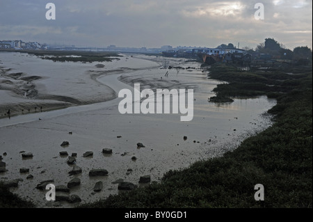 Sole che sbarca dalle case galleggianti a Shoreham-by-Sea nel Sussex occidentale sul fiume Adur con la bassa marea Foto Stock