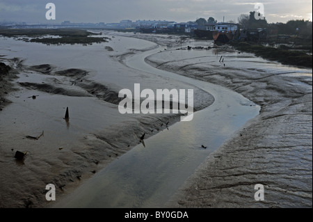 Sole che sbarca dalle case galleggianti a Shoreham-by-Sea nel Sussex occidentale sul fiume Adur con la bassa marea Foto Stock