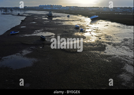 Sole che sbarca dalle case galleggianti a Shoreham-by-Sea nel Sussex occidentale sul fiume Adur con la bassa marea Foto Stock