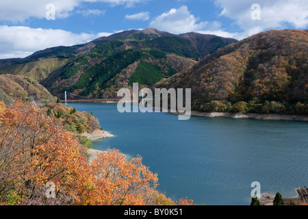 Foglie di autunno e il Lago Kuzuryu, Ono, Fukui, Giappone Foto Stock