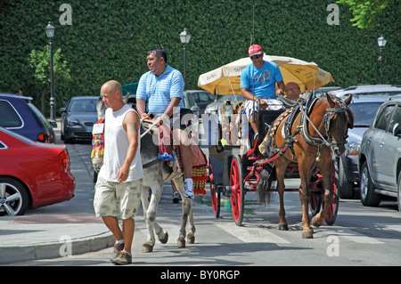 Donkey Ride (burro taxi), Mijas, Costa del Sol, provincia di Malaga, Andalusia, Spagna, Europa occidentale. Foto Stock