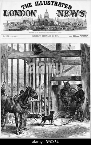 Castello Pit, Troedyrhiw, Merthyr Tydfil, il bloccaggio nel Galles del Sud, portando i cavalli da metropolitana. incisione da front page Illustrated London News datata 20 Feb 1875 Foto Stock