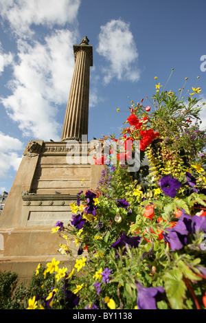 Città di Glasgow, Scozia. Basso angolo vista del Sir Walter Scott statua in Glasgow's George Square. Foto Stock