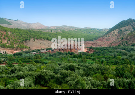 Una piccola Casbah villaggio berbero nell'Ourika Valley nell'Atlante del Marocco. Foto Stock