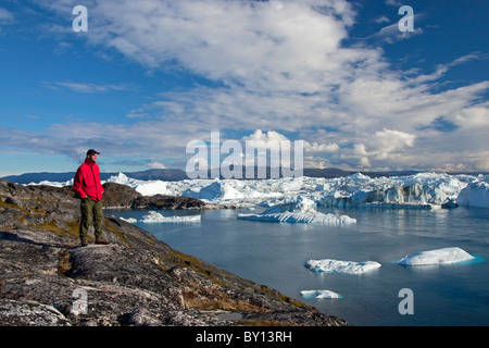 Per turisti in cerca di Kangia icebergs, Disko-Bay, UNESCO World Heritage Site, West-Greenland, Groenlandia Foto Stock