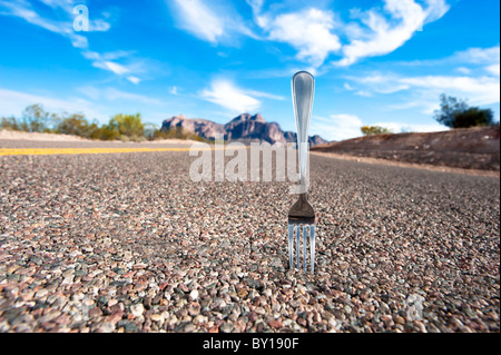 Un fork in the road connota un punto di decisione nella propria vita. Foto Stock